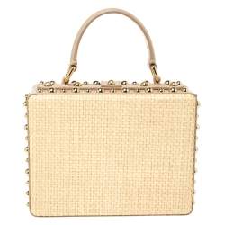 مملوكة مسبقًا حقيبة دولتشى أند غابانا يد علوية صندوق زخرفة كريستال جلد ورافيا مطرزة بيج 