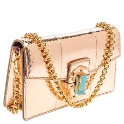 Pre Owned Dolce & Gabbana Metallic Rose Gold Snakeskin Lucia Chain Shoulder Bag