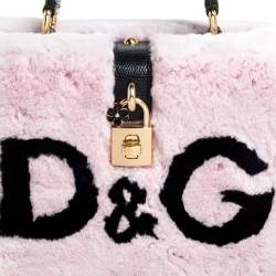 مملوكة مسبقًا حقيبة دولتشى أند غابانا يد علوية دولتشى بوكس جلد نقش سحلية وفرو أرنب أسود / وردى 