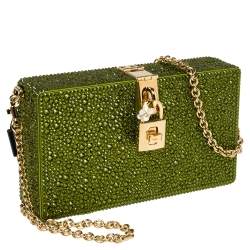 Pre Owned Dolce & Gabbana Green Heat-Applied Rhinestones Dolce Box Chain Clutch