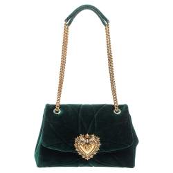 Pre Owned Dolce & Gabbana Green Quilted Velvet Large Devotion Shoulder Bag