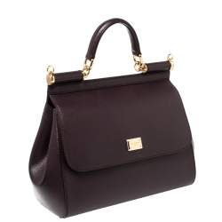 Pre Owned Dolce & Gabbana Burgundy Leather Medium Miss Sicily Top Handle Bag