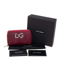Pre Owned Dolce & Gabbana Red Lizard Embossed Leather Crystal-Embellished Wallet