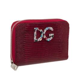 Pre Owned Dolce & Gabbana Red Lizard Embossed Leather Crystal-Embellished Wallet