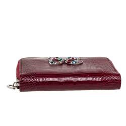 Pre Owned Dolce & Gabbana Red Lizard Embossed Leather Crystal-Embellished Wallet