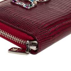 Pre Owned Dolce & Gabbana Red Lizard Embossed Leather Crystal-Embellished Wallet
