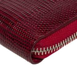 Pre Owned Dolce & Gabbana Red Lizard Embossed Leather Crystal-Embellished Wallet