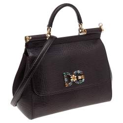 Dolce & Gabbana Burgundy Lizard Embossed Leather Crystal DG Logo Medium Miss Sicily Bag