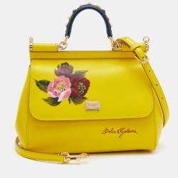 Pre Owned Dolce & Gabbana Yellow Flower Printed Leather Regular Miss Sicily Top Handle Bag