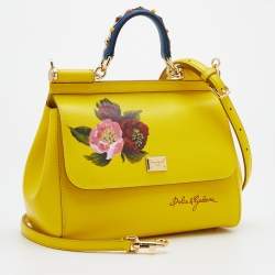 Pre Owned Dolce & Gabbana Yellow Flower Printed Leather Regular Miss Sicily Top Handle Bag