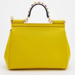 Pre Owned Dolce & Gabbana Yellow Flower Printed Leather Regular Miss Sicily Top Handle Bag
