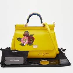 Pre Owned Dolce & Gabbana Yellow Flower Printed Leather Regular Miss Sicily Top Handle Bag