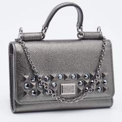 Dolce & Gabbana Metallic Grey Leather Miss Sicily Von Studded Wallet on Chain