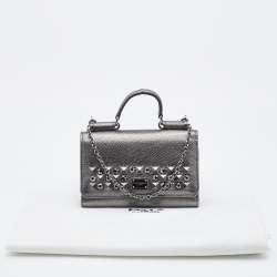 Dolce & Gabbana Metallic Grey Leather Miss Sicily Von Studded Wallet on Chain