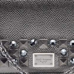 Dolce & Gabbana Metallic Grey Leather Miss Sicily Von Studded Wallet on Chain