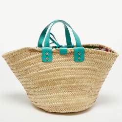 Pre Owned Dolce & Gabbana Green/Natural Raffia and Lizard Embossed Leather Kendra Tote