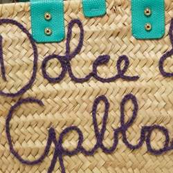 Pre Owned Dolce & Gabbana Green/Natural Raffia and Lizard Embossed Leather Kendra Tote