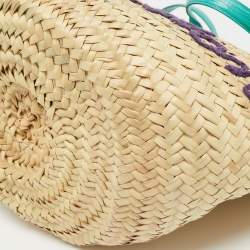 Pre Owned Dolce & Gabbana Green/Natural Raffia and Lizard Embossed Leather Kendra Tote