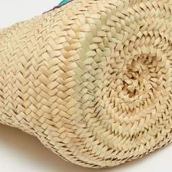 Pre Owned Dolce & Gabbana Green/Natural Raffia and Lizard Embossed Leather Kendra Tote