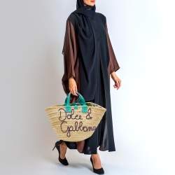 Pre Owned Dolce & Gabbana Green/Natural Raffia and Lizard Embossed Leather Kendra Tote