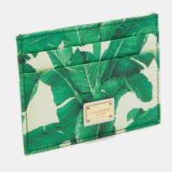 Pre Owned Dolce & Gabbana White/Green Leather Banana Leaf Print Card Holder