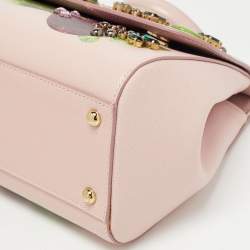 Dolce & Gabbana Pink Fig Print Leather Medium Embellished Sicily Top Handle Bag