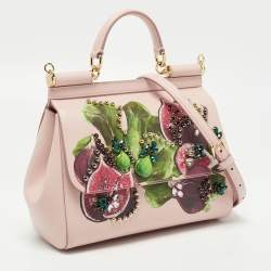 Dolce & Gabbana Pink Fig Print Leather Medium Embellished Sicily Top Handle Bag