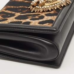 Pre Owned Dolce & Gabbana Black/Brown Leopard Print Canvas and Leather Medium Devotion Shoulder Bag