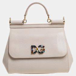 DOLCE GABBANA Lizard Calfskin Embossed Medium Miss Sicily Satchel Pink  Beige 1266216