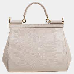 Pre Owned Dolce & Gabbana Beige Lizard Embossed Leather Crystal DG Logo Medium Miss Sicily Bag