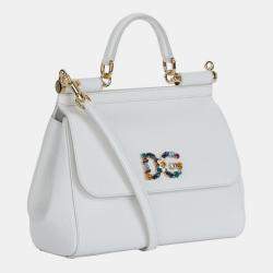 Pre Owned Dolce & Gabbana White - Inguana Embossed Leather - Crystal DG Logo Medium Miss Sicily Bag