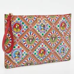 Pre Owned Dolce & Gabbana Multicolor Carretto and Queen Print Leather Wristlet Pouch 