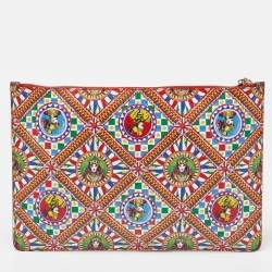 Pre Owned Dolce & Gabbana Multicolor Carretto and Queen Print Leather Wristlet Pouch 