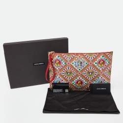 Pre Owned Dolce & Gabbana Multicolor Carretto and Queen Print Leather Wristlet Pouch 