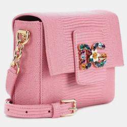 Pre Owned Dolce & Gabbana Pink  Leather  Medium Iguana-Embossed Millennials Shoulder Bag