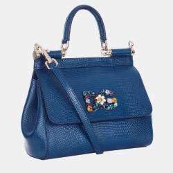 Dolce & Gabbana Blue Iguana Embossed Leather Crystal DG Logo Small Miss Sicily Bag