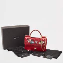 Pre Owned Dolce & Gabbana Two Tone Red Leather Crystal Embellished Sicily Chain Bag