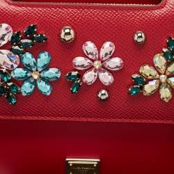 Pre Owned Dolce & Gabbana Two Tone Red Leather Crystal Embellished Sicily Chain Bag