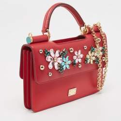 Pre Owned Dolce & Gabbana Two Tone Red Leather Crystal Embellished Sicily Chain Bag
