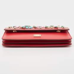 Pre Owned Dolce & Gabbana Two Tone Red Leather Crystal Embellished Sicily Chain Bag