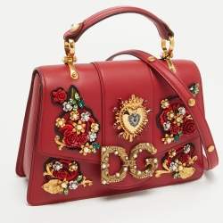 Pre Owned Dolce & Gabbana Red Leather DG Amore Crystals Top Handle Bag