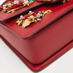 Pre Owned Dolce & Gabbana Red Leather DG Amore Crystals Top Handle Bag