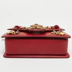 Pre Owned Dolce & Gabbana Red Leather DG Amore Crystals Top Handle Bag