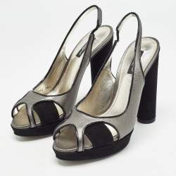 Pre Owned Dolce & Gabbana Metallic Grey/Black Leather and Suede Platform Slingback Sandals Size 38.5