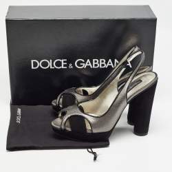 Pre Owned Dolce & Gabbana Metallic Grey/Black Leather and Suede Platform Slingback Sandals Size 38.5