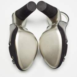 Pre Owned Dolce & Gabbana Metallic Grey/Black Leather and Suede Platform Slingback Sandals Size 38.5