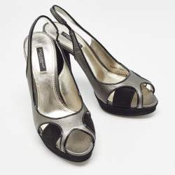 Pre Owned Dolce & Gabbana Metallic Grey/Black Leather and Suede Platform Slingback Sandals Size 38.5