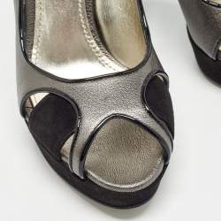 Pre Owned Dolce & Gabbana Metallic Grey/Black Leather and Suede Platform Slingback Sandals Size 38.5