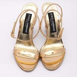 Pre Owned Dolce & Gabbana Gold Leather Keira Ankle Strap Sandals Size 37