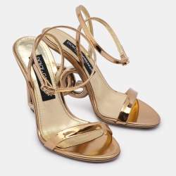 Pre Owned Dolce & Gabbana Gold Leather Keira Ankle Strap Sandals Size 37